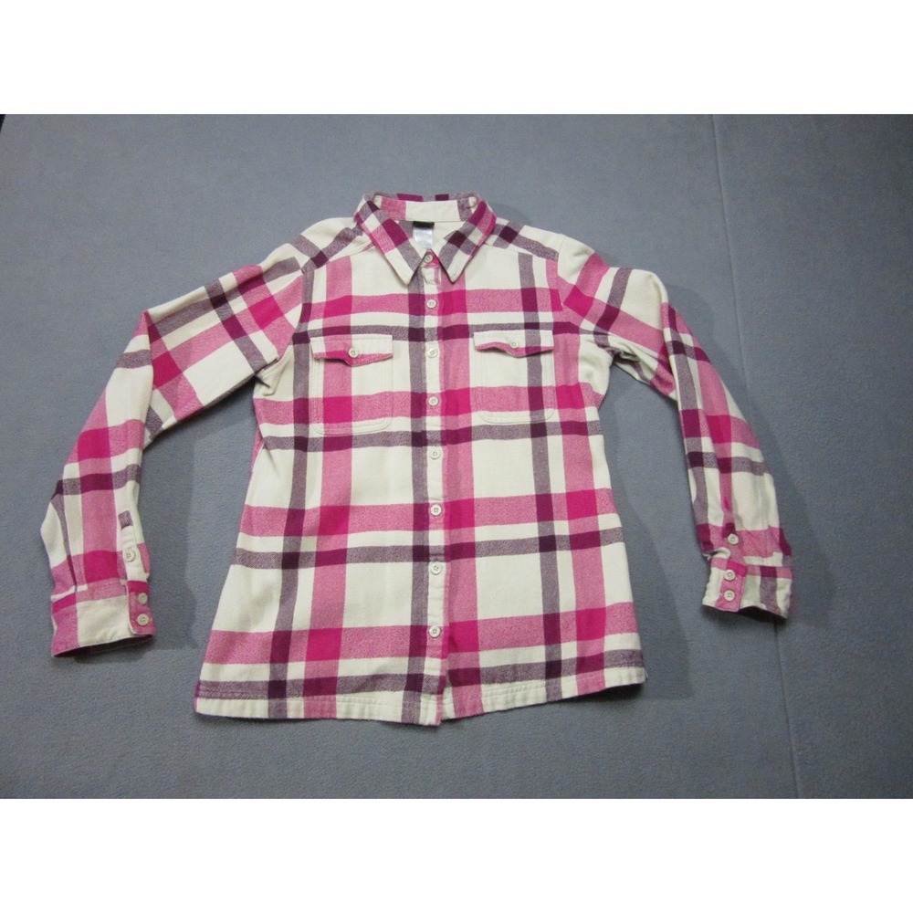 Patagonia Shirt Women 10 Pink Ivory Plaid Fjord Flannel Outdoor Hiking Button Up